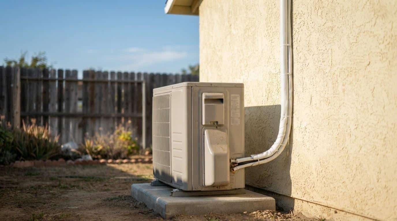 Ductless mini-split outdoor condenser unit installed on concrete pad beside a Southern California home exterior