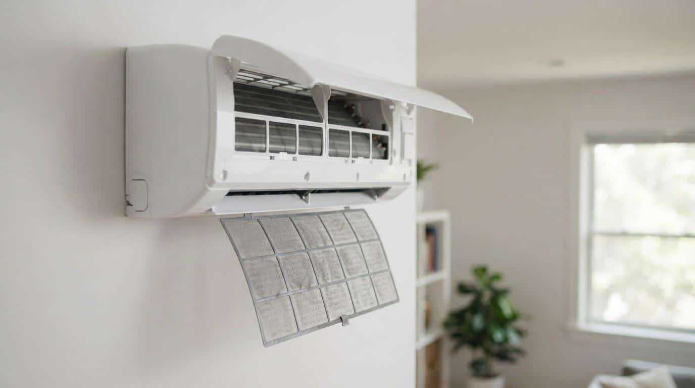 Ductless mini-split indoor air handler with dusty filter panel removed for cleaning