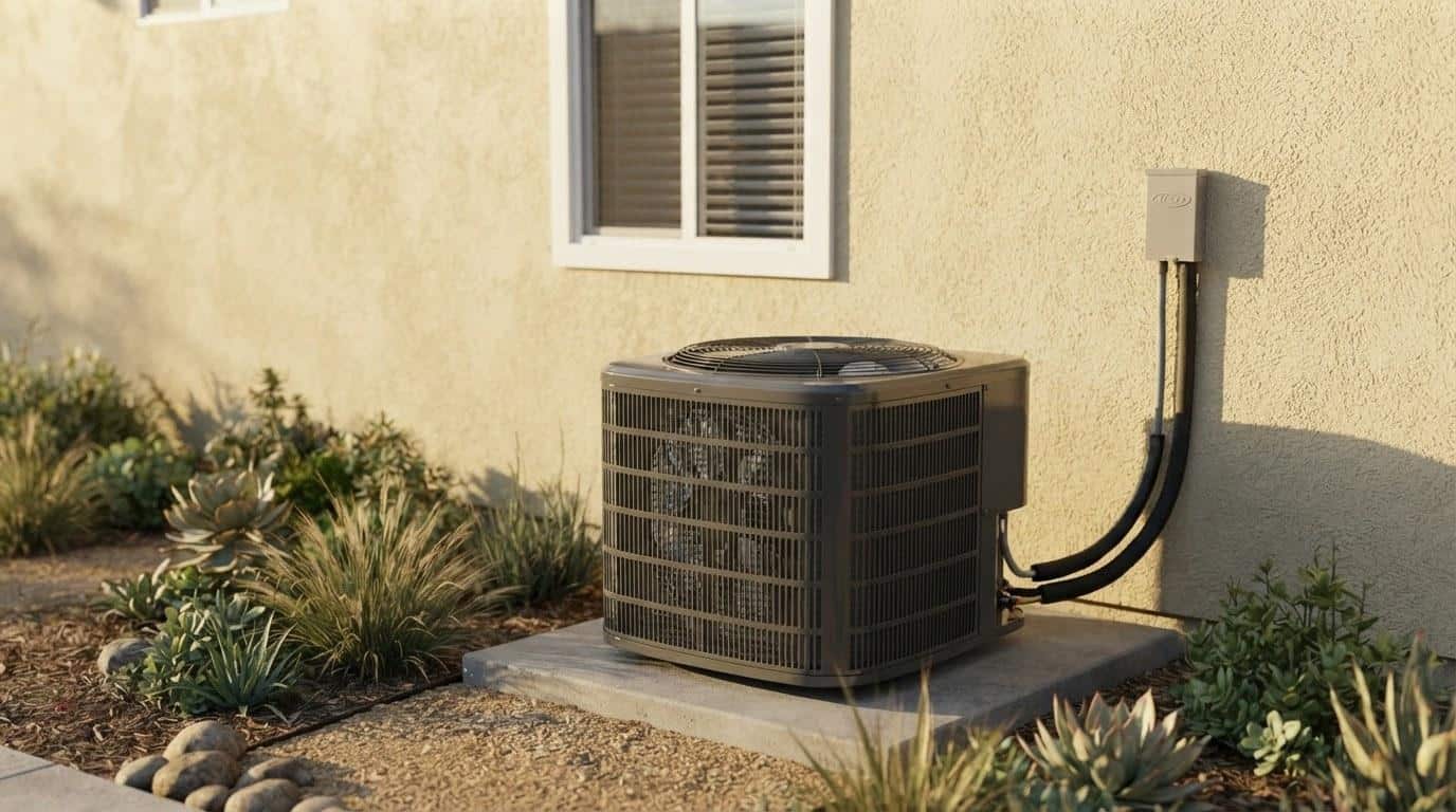 Residential HVAC condenser unit installed beside a Southern California home exterior before a fall tune-up