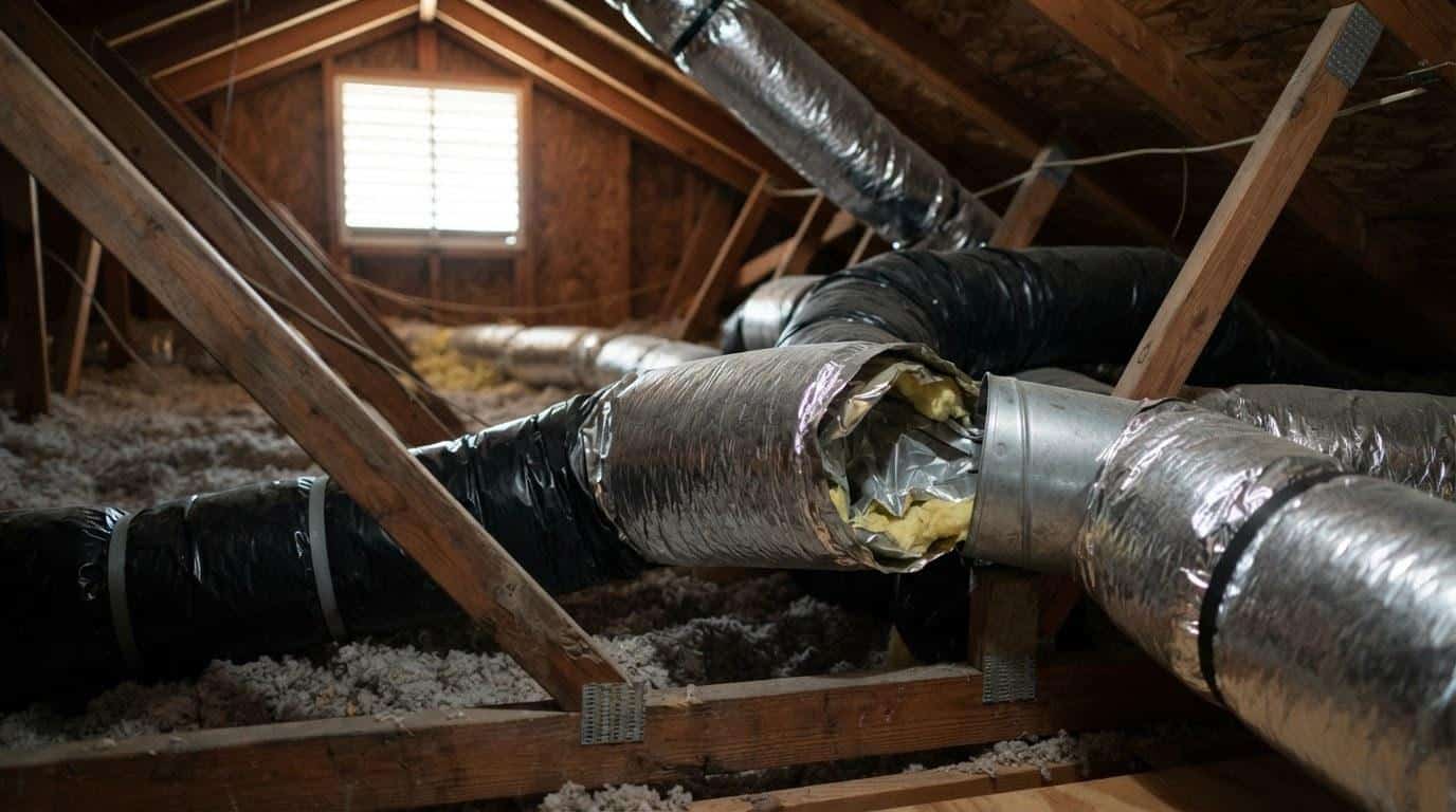 Sagging and disconnected flex ductwork in a residential attic showing common inspection findings in Southern California homes