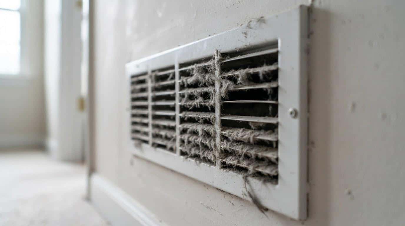 Dusty HVAC return air vent cover showing accumulated debris that reduces indoor air quality in fall and winter