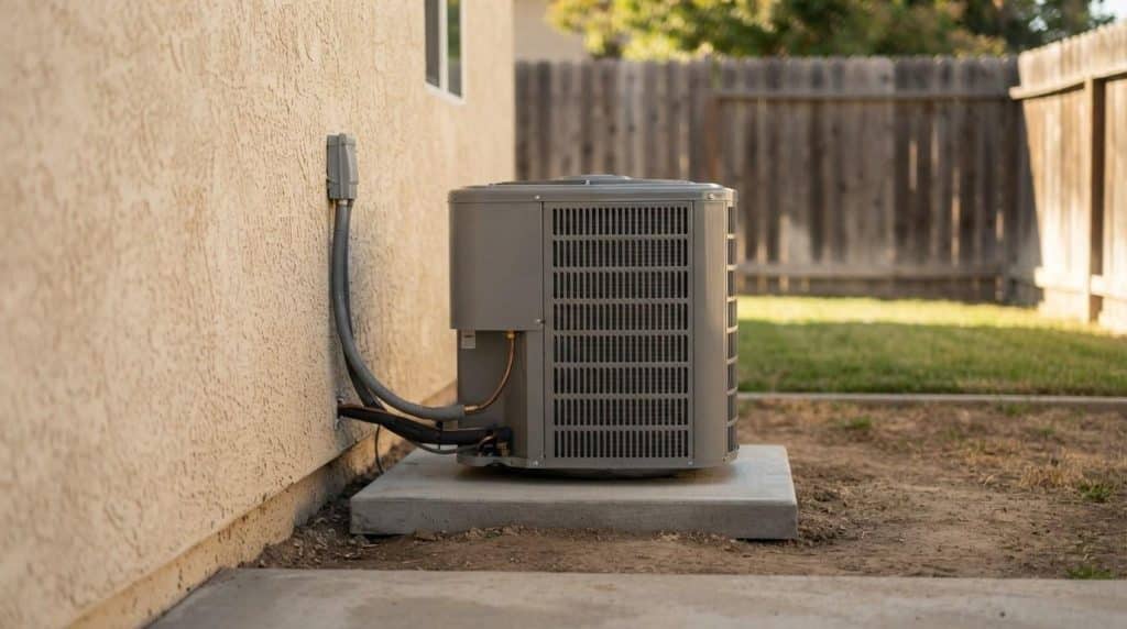 Licensed HVAC condenser unit installed beside a California home exterior