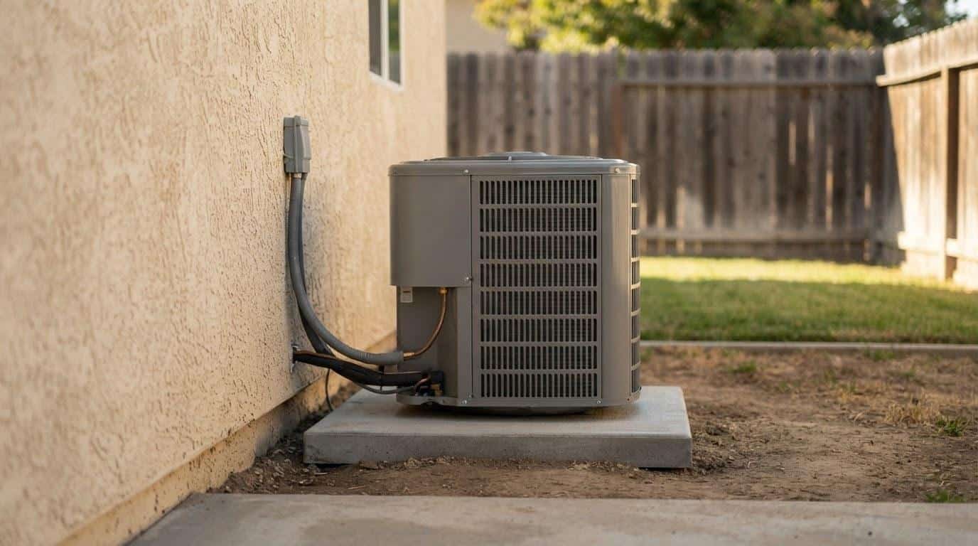 Licensed HVAC condenser unit installed beside a California home exterior